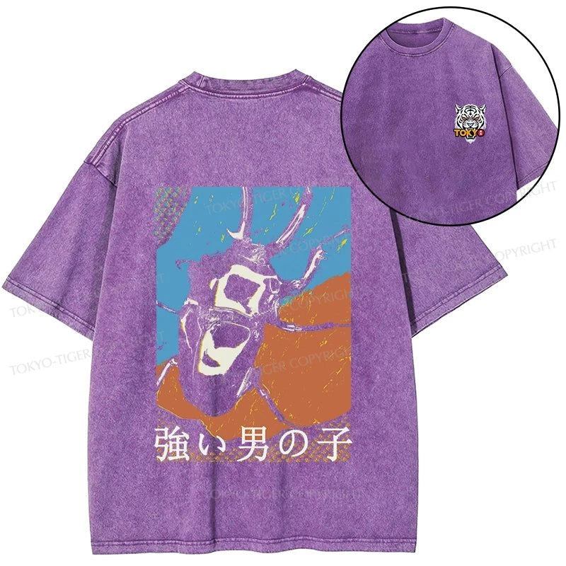 Tokyo-Tiger Strong Beetle Japanese Front Back Washed T-Shirt