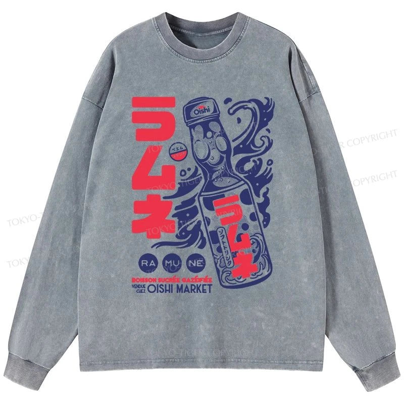 Tokyo-Tiger Ramune Print Japanese Washed Long Sleeve T-Shirt