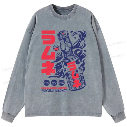 Tokyo-Tiger Ramune Print Japanese Washed Long Sleeve T-Shirt