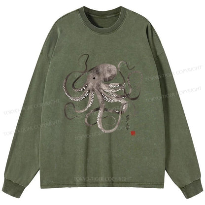 Tokyo-Tiger Octopus Japanese Calligraphy Washed Long Sleeve T-Shirt