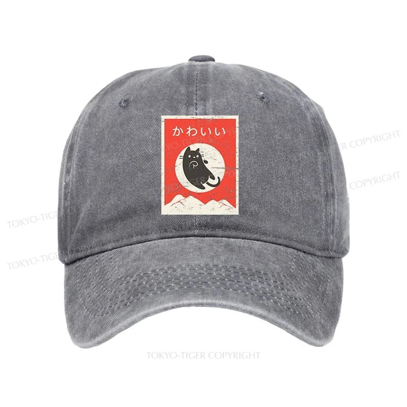 Tokyo-Tiger Cute Black Cat Japanese Washed Cap