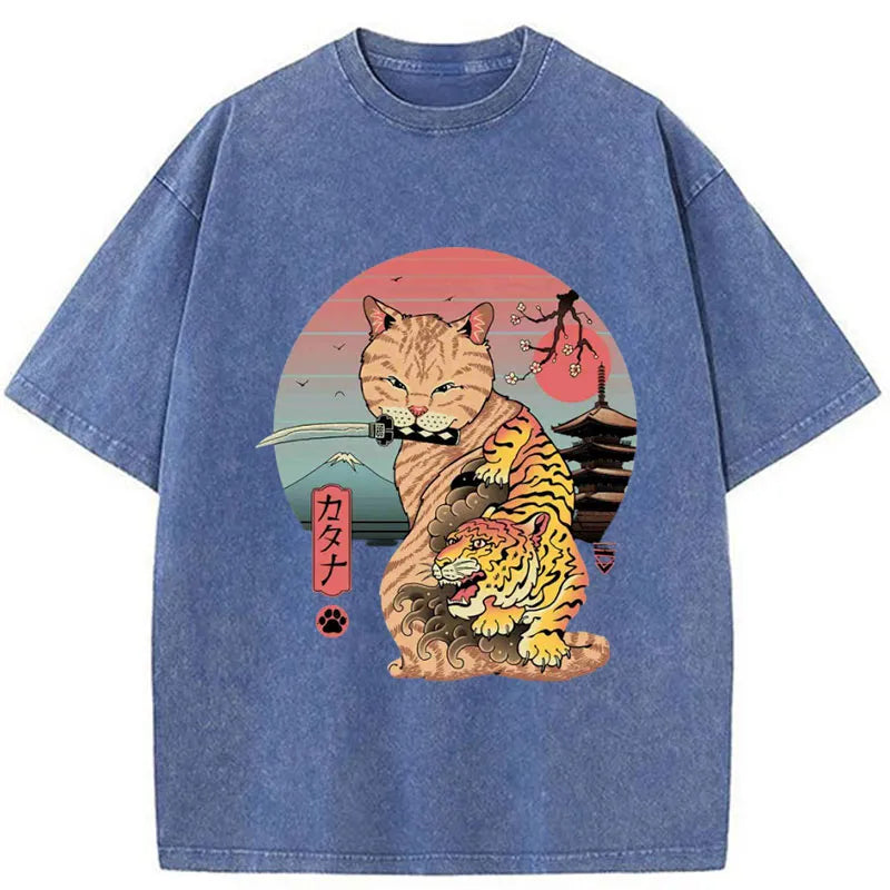 Tokyo-Tiger Katana Cat Tattoo Washed T-Shirt
