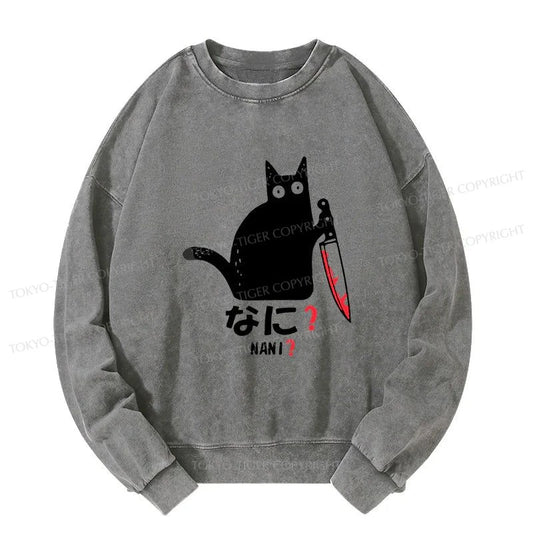 Tokyo-Tiger A Puzzled Cat Holding A Knife Washed Sweatshirt