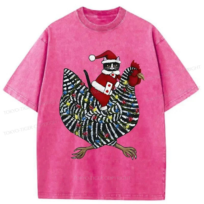 Tokyo-Tiger Christmas Cat Riding Chicken Washed T-Shirt