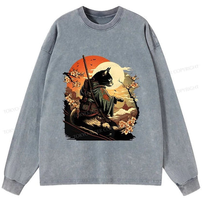 Tokyo-Tiger Cat Ninja Ukiyo-e Anime Style Samurai Washed Long Sleeve T-Shirt