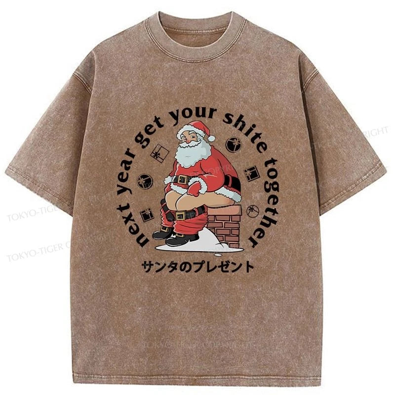 Tokyo-Tiger Funny Santa Claus Pooping Down The Chimney Washed T-Shirt