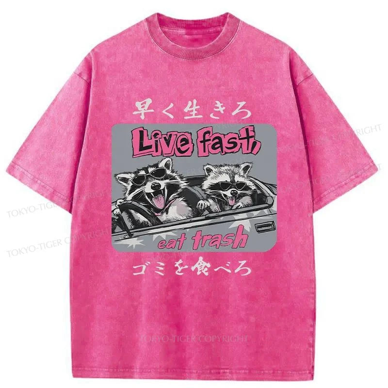 Tokyo-Tiger Live Fast Eat Trash Raccoon Japanese Washed T-Shirt