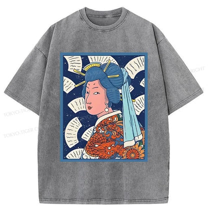 Tokyo-Tiger Ukiyoe Girl With Pearl Earring Washed T-Shirt