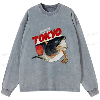 Tokyo-Tiger Vintage Japanese Tsukiji Fish Market Washed Long Sleeve T-Shirt