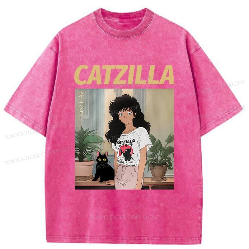 Tokyo-Tiger Catzilla And Girl Washed T-Shirt