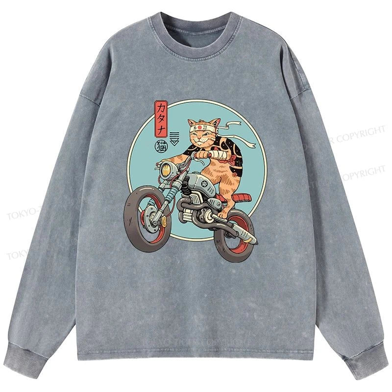 Tokyo-Tiger Catana Motorcycle Washed Long Sleeve T-Shirt