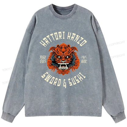 Tokyo-Tiger Japanese Hattori Hanzo Prints Washed Long Sleeve T-Shirt