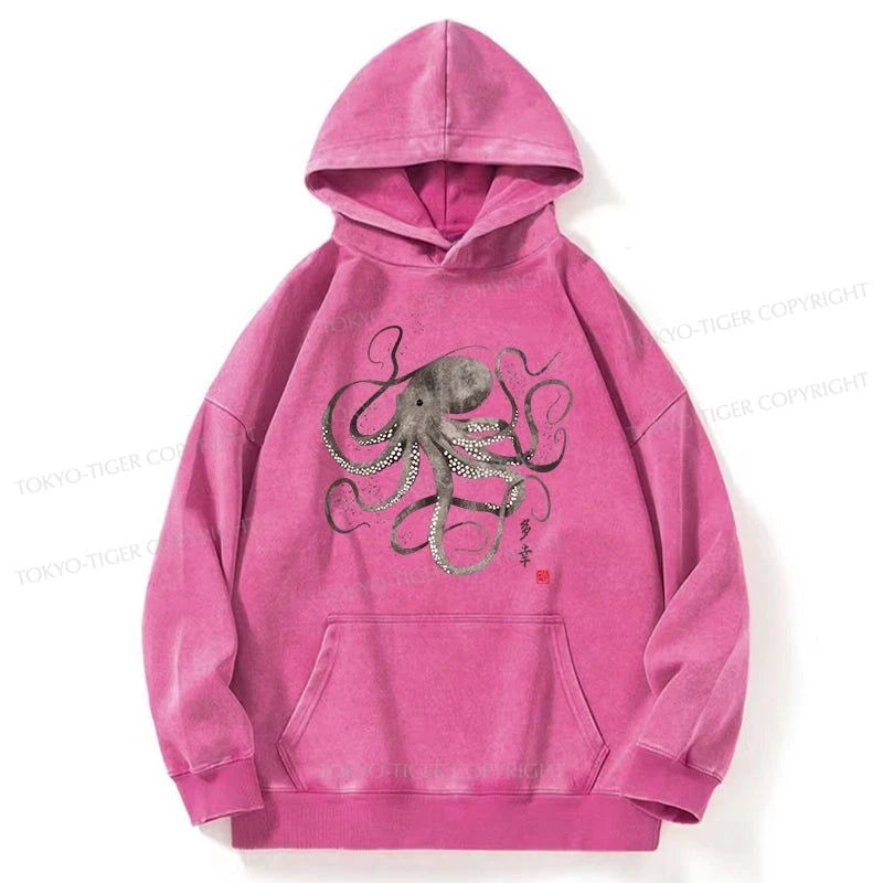 Tokyo-Tiger Octopus Japanese Calligraphy Washed Hoodie