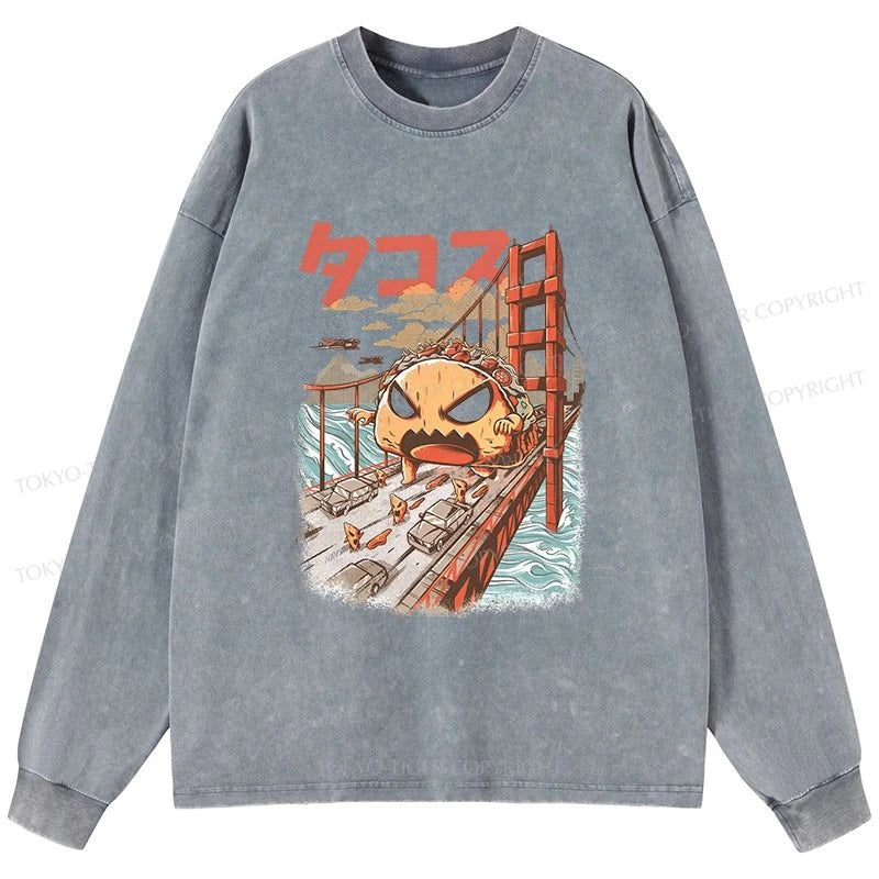 Tokyo-Tiger The Great Taco Kaiju Japanese Washed Long Sleeve T-Shirt