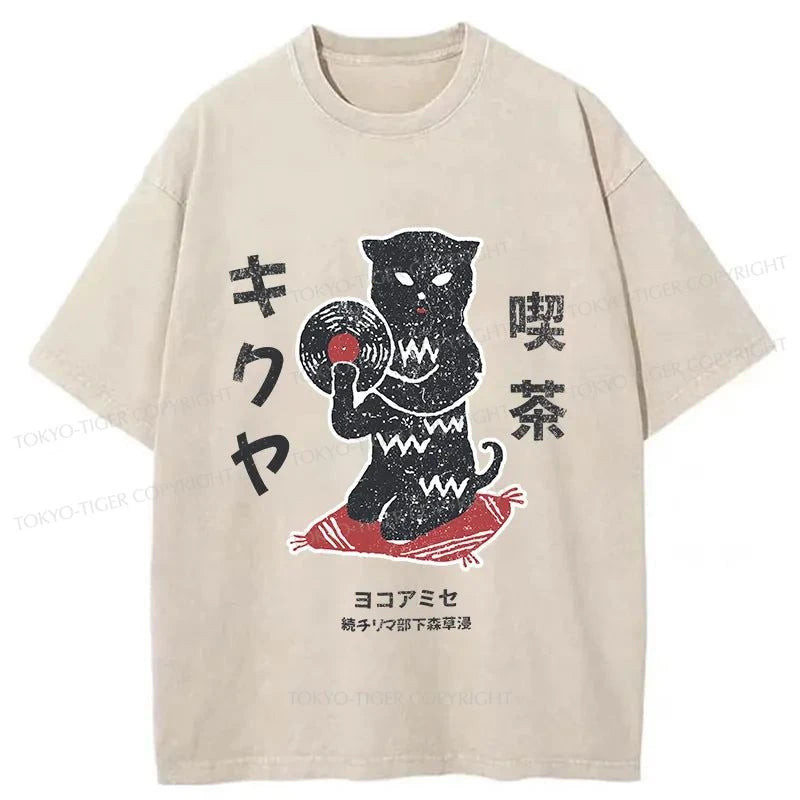 Tokyo-Tiger Vintage Black Cat Japanese Washed T-Shirt