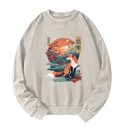 Tokyo-Tiger Japanese Kitsune Fox Sakura Washed Sweatshirt