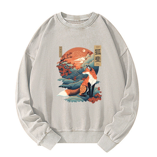 Tokyo-Tiger Japanese Kitsune Fox Sakura Washed Sweatshirt