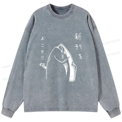 Tokyo-Tiger Japanese Fish Hold Up White Washed Long Sleeve T-Shirt