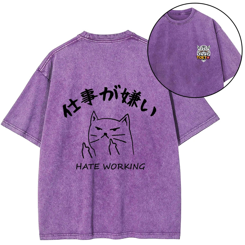 Tokyo-Tiger A Cat That Hates Work Front Back Washed T-Shirt