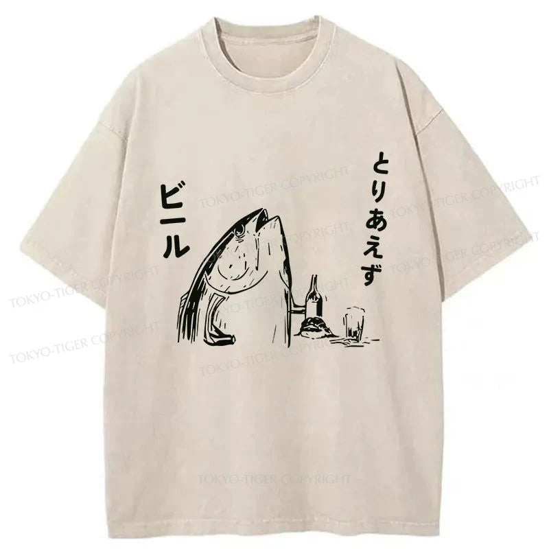 Tokyo-Tiger The Fish Is Drinking Beer Washed T-Shirt