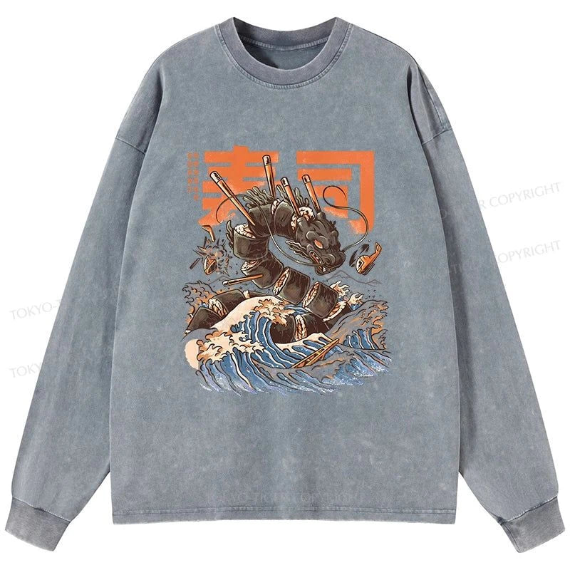 Tokyo-Tiger The Great Sushi Dragon Wave Washed Long Sleeve T-Shirt