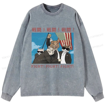 Tokyo-Tiger Fight Cat Japanese Washed Long Sleeve T-Shirt