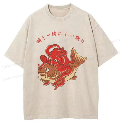 Tokyo-Tiger Octopus And Koi Dance Together Washed T-Shirt