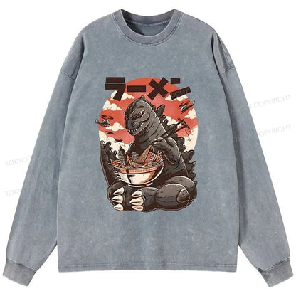 Tokyo-Tiger Ramen Monster Japanese Washed Long Sleeve T-Shirt