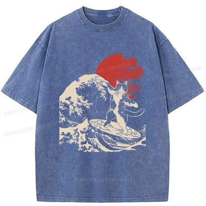 Tokyo-Tiger Cat Surfing Washed T-Shirt