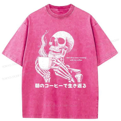 Tokyo-Tiger Skeleton Drinking Coffee Washed T-Shirt