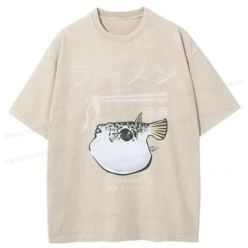 Tokyo-Tiger Pufferfish Eat Ramen Washed T-Shirt