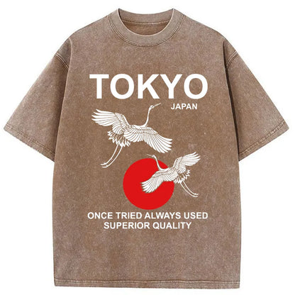 Tokyo-Tiger Crane Tsuru Japanese Vintage Washed T-Shirt
