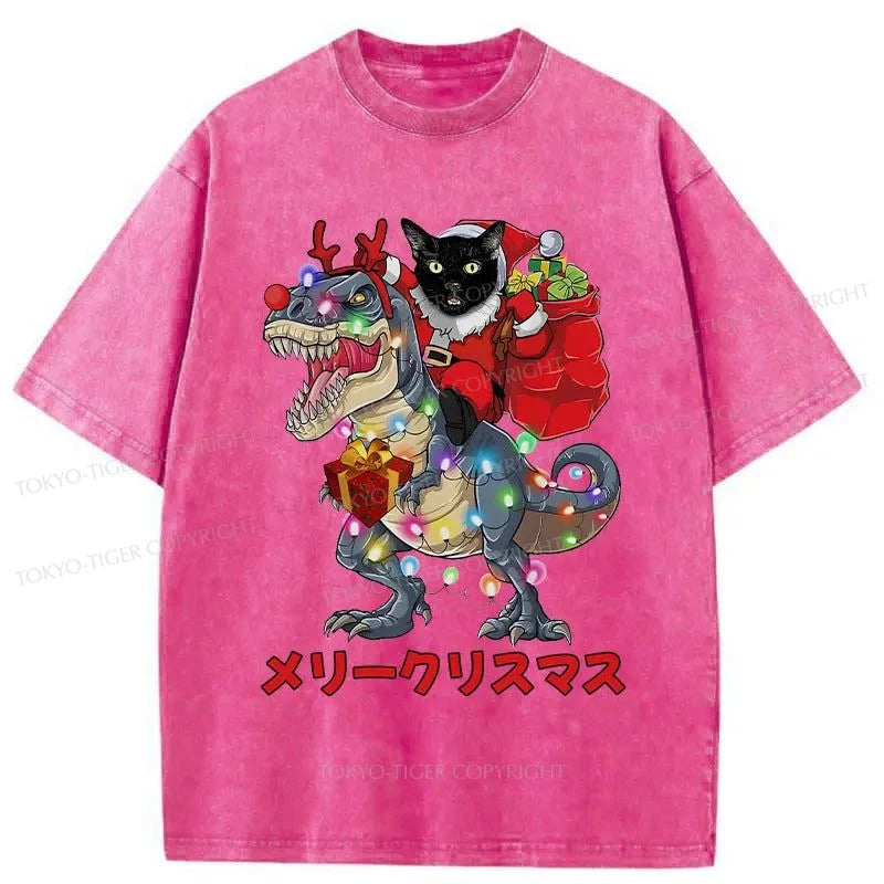 Tokyo-Tiger Cat Riding Dinosaur Christmas Washed T-Shirt