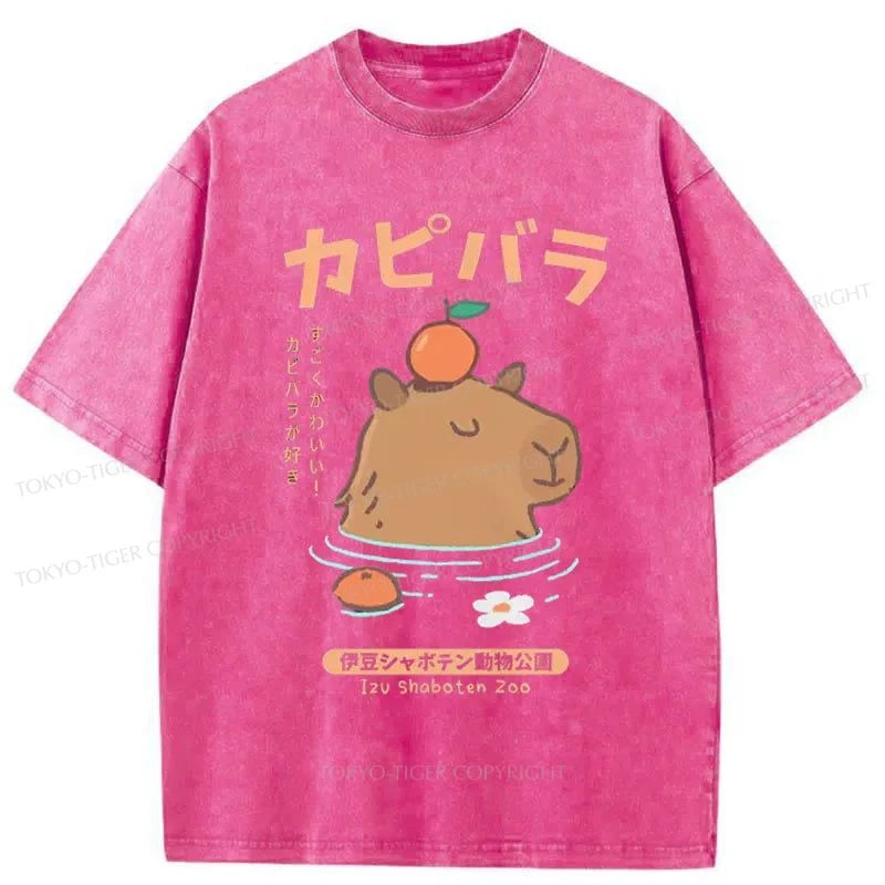 Tokyo-Tiger Capybara Soaking In Hot Springs Washed T-Shirt