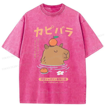 Tokyo-Tiger Capybara Soaking In Hot Springs Washed T-Shirt