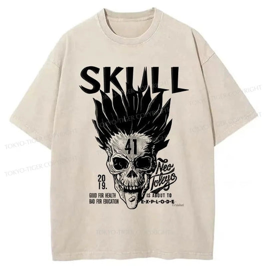 Tokyo-Tiger Japanese Scary Skull Washed T-Shirt