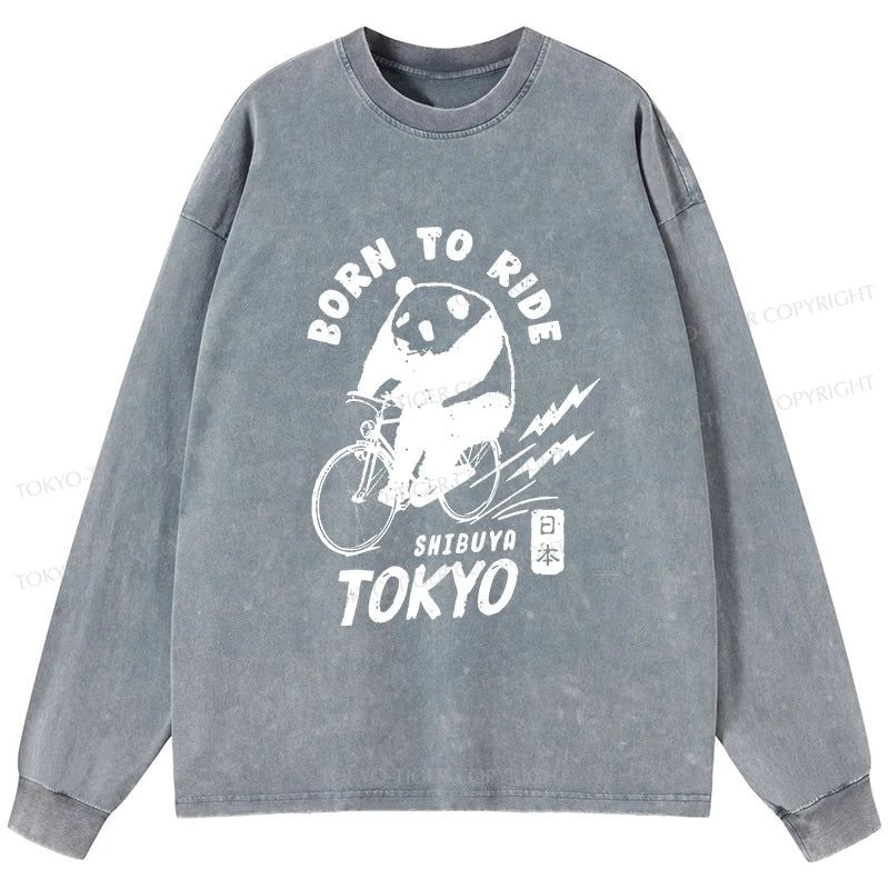 Tokyo-Tiger Pandas Ride Bicycles Washed Long Sleeve T-Shirt