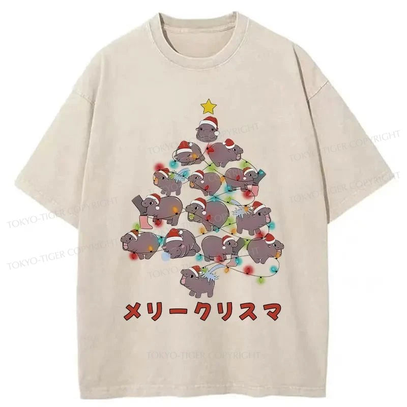 Tokyo-Tiger Moo Deng Christmas Tree Japanese Washed T-Shirt