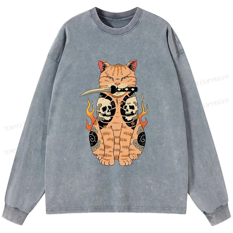 Tokyo-Tiger Catana Cat Skull Tattooed Samurai Washed Long Sleeve T-Shirt