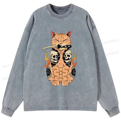 Tokyo-Tiger Catana Cat Skull Tattooed Samurai Washed Long Sleeve T-Shirt