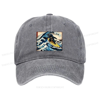 Tokyo-Tiger Dinosaur Surfing Japanese Washed Cap