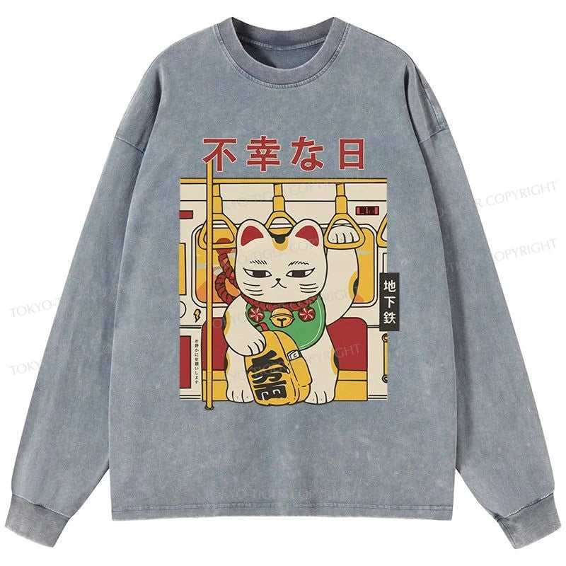 Tokyo-Tiger Lucky Cat Who Doesn't Want To Work Washed Long Sleeve T-Shirt