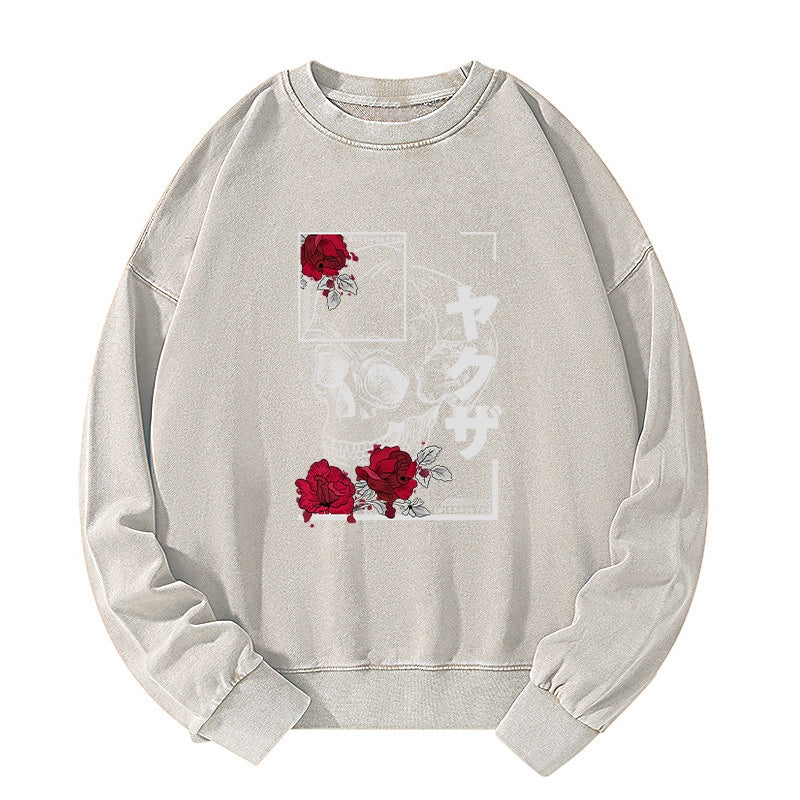 Tokyo-Tiger Skull Roses Japanese Aesthetic Washed Sweatshirt