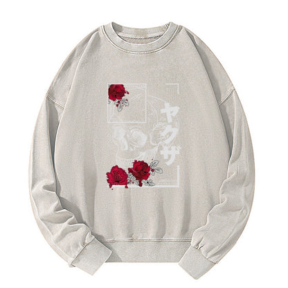 Tokyo-Tiger Skull Roses Japanese Aesthetic Washed Sweatshirt