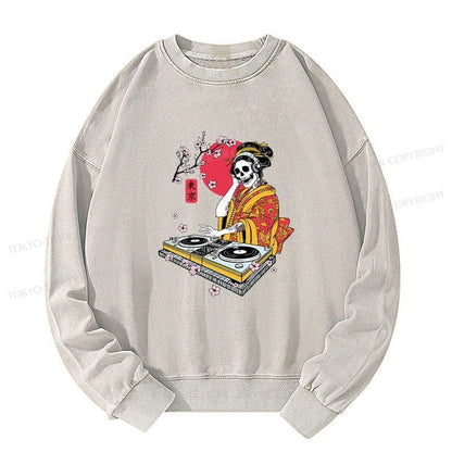 Tokyo-Tiger Japanese Geisha DJ Skull Washed Sweatshirt