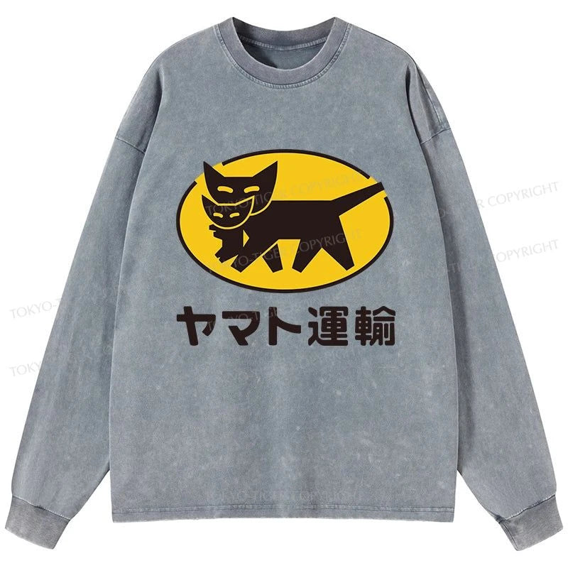 Tokyo-Tiger Black Cat Transport Pattern Japanese Washed Long Sleeve T-Shirt