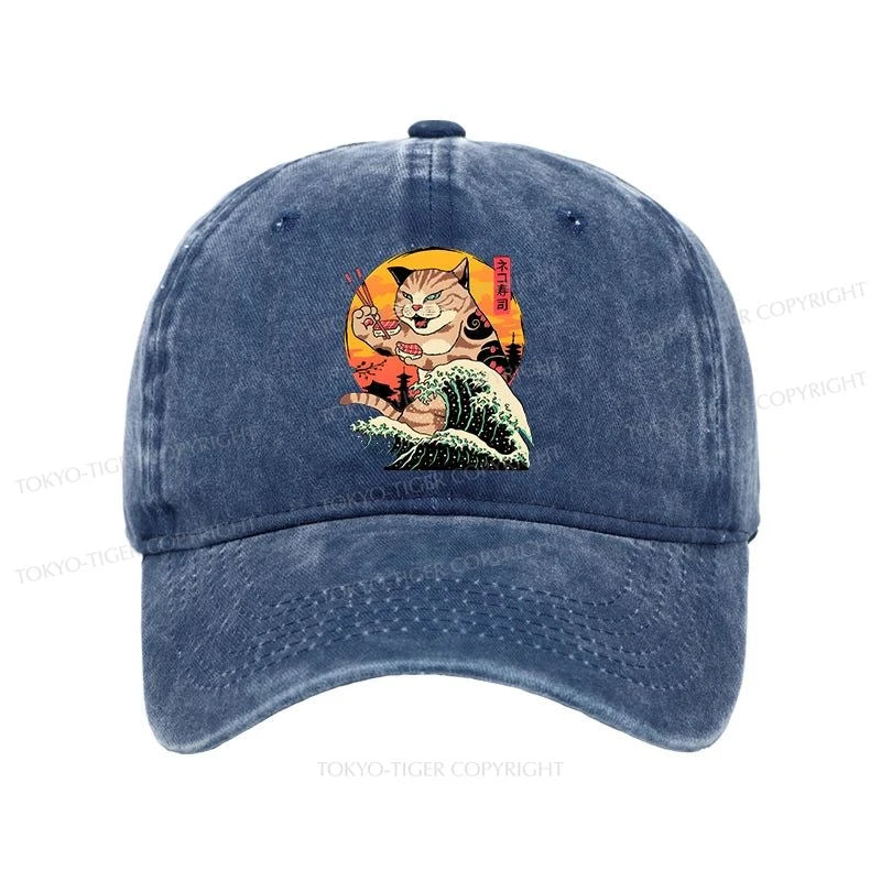 Tokyo-Tiger CatZilla Eating Sushi Japanese Wave Washed Cap