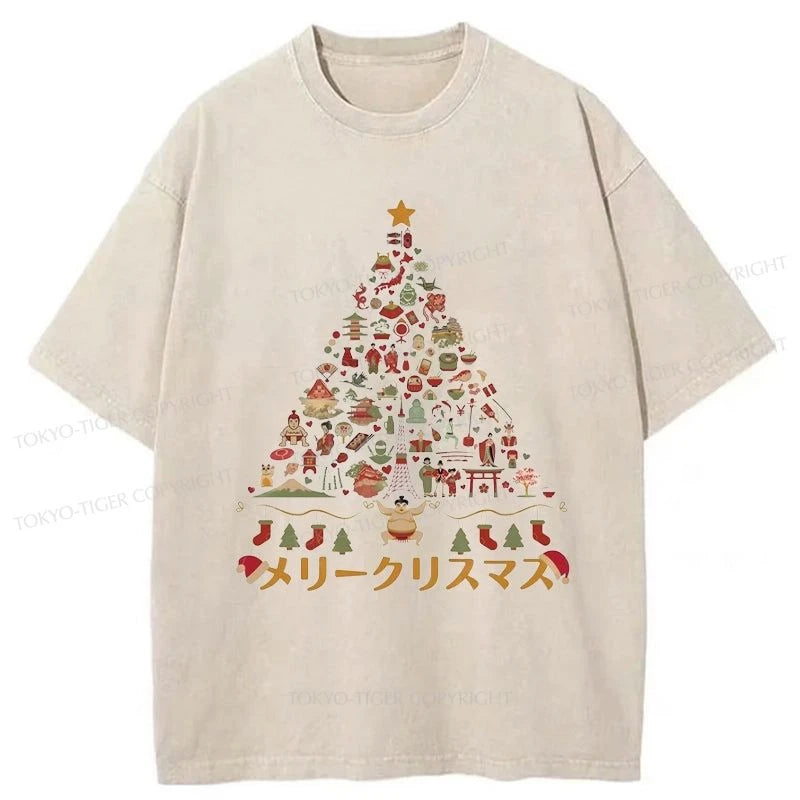 Tokyo-Tiger Japanese Christmas Tree Made Up of Icons Washed T-Shirt