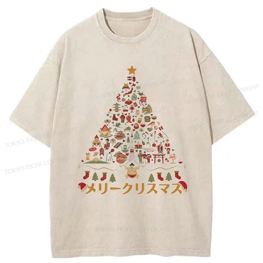 Tokyo-Tiger Japanese Christmas Tree Made Up of Icons Washed T-Shirt