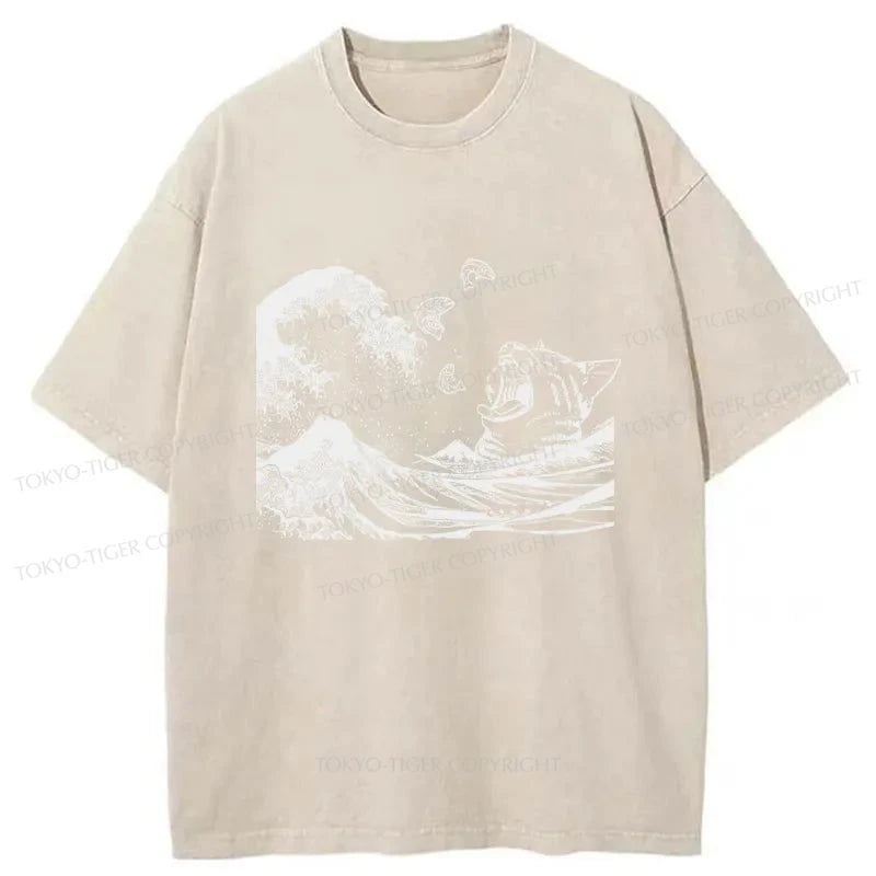 Tokyo-Tiger Wave And Cat Japanese Washed T-Shirt